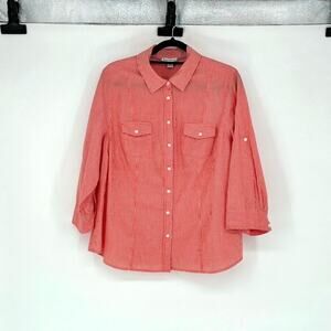 Women's Orange & White Striped Cotton 3/4 Sleeve Button Up Shirt - Plus 1X